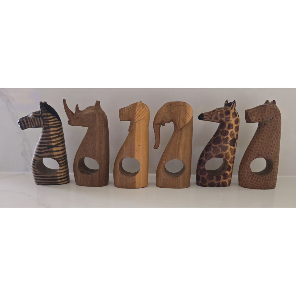 Vintage African Animals Besmo Kenya Hand Carved Wooden Napkin Rings‎ Set Of Six